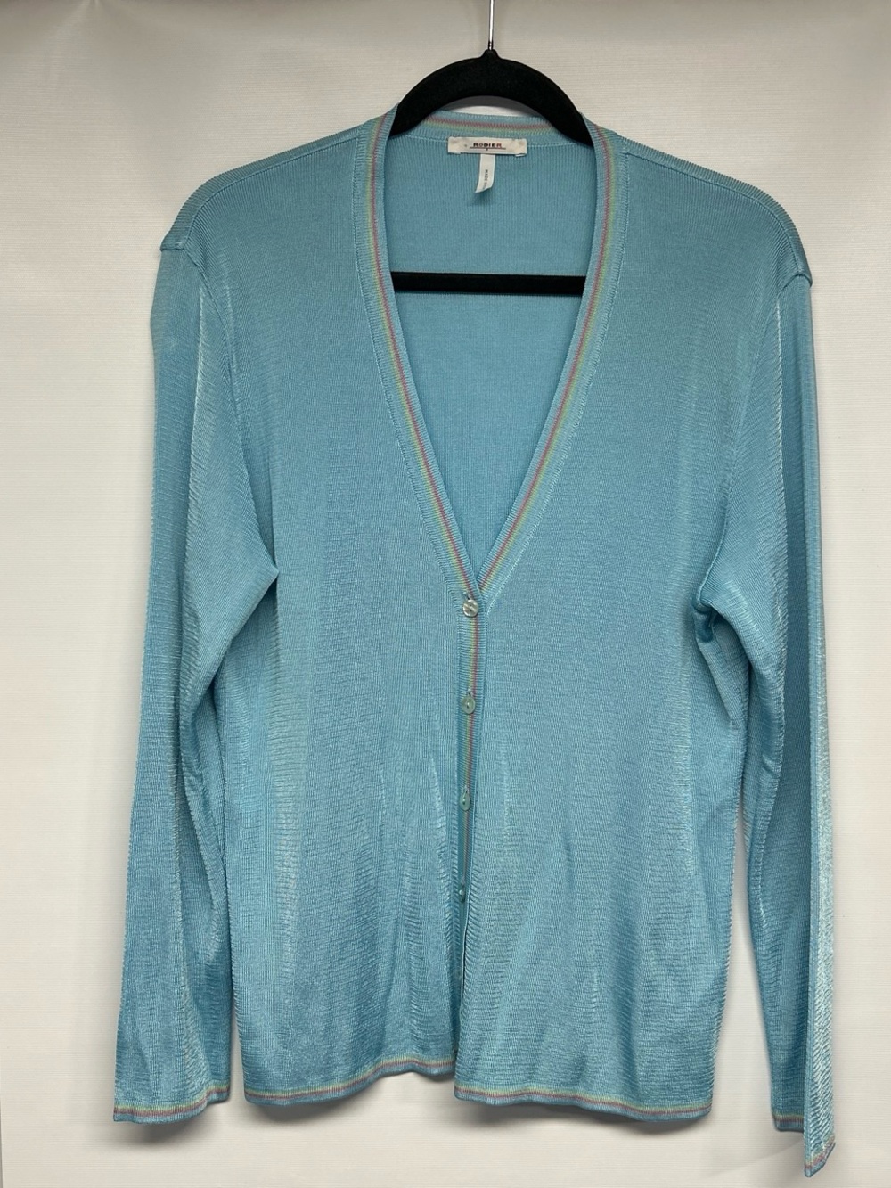 RODIER Pale Blue V-Neck Cardigan with Pastel Stripe Trim